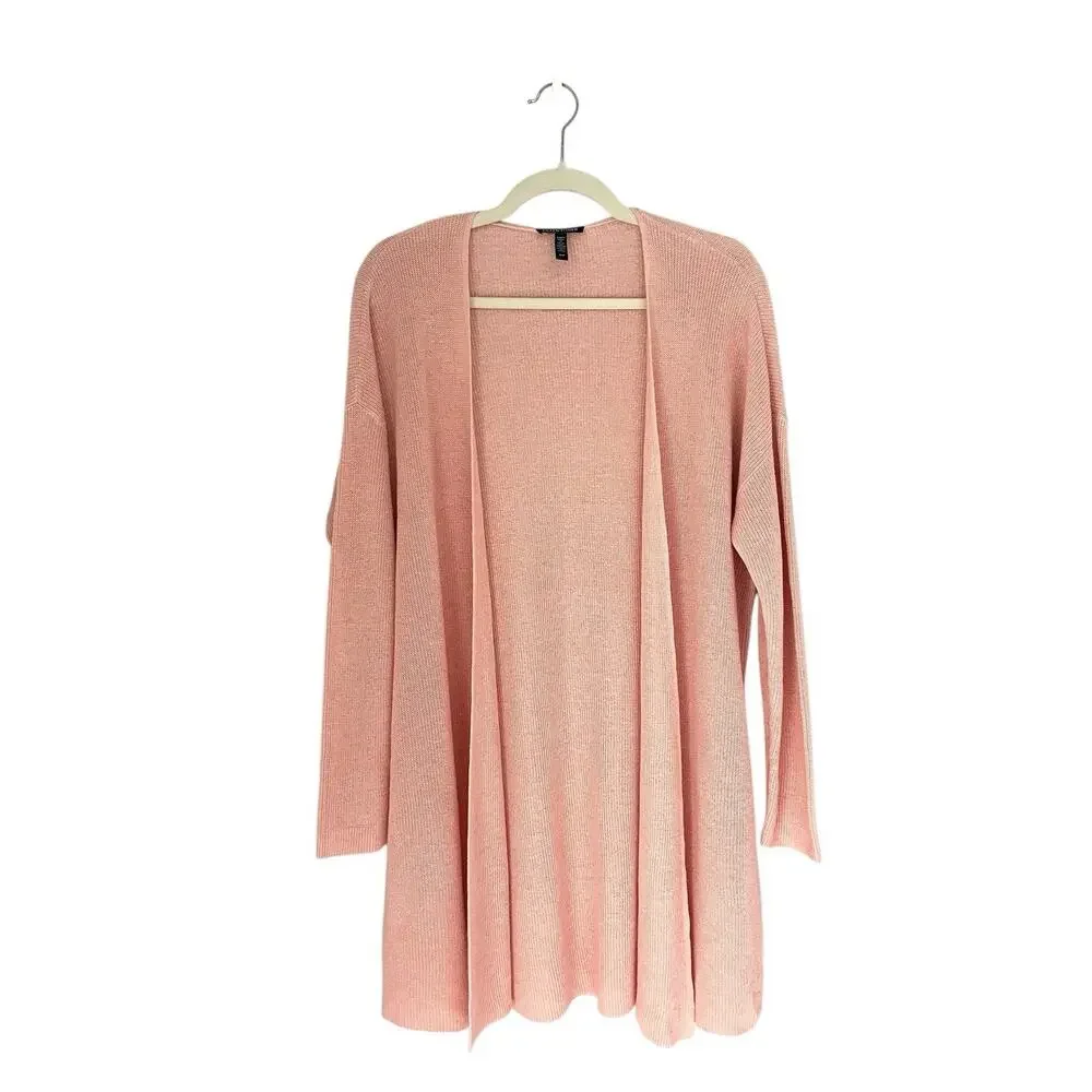 Eileen Fisher Long Organic Linen & Cotton Cardigan Pink Sz M minimalist Coastal - Picture 2 of 11